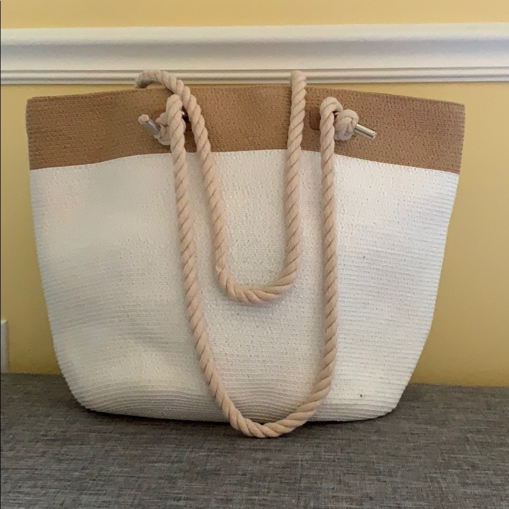 Tan and White Tote Bag
